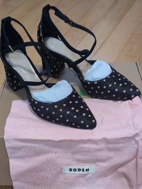 Boden Black and Beige Polka Dot Ankle-Strap Block Heels EU 36